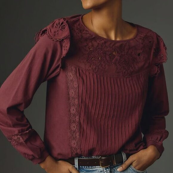 Anthropologie Tiny Long Sleeved Crescent Ruffled Lace Blouse Top Size NWT - Picture 2 of 12